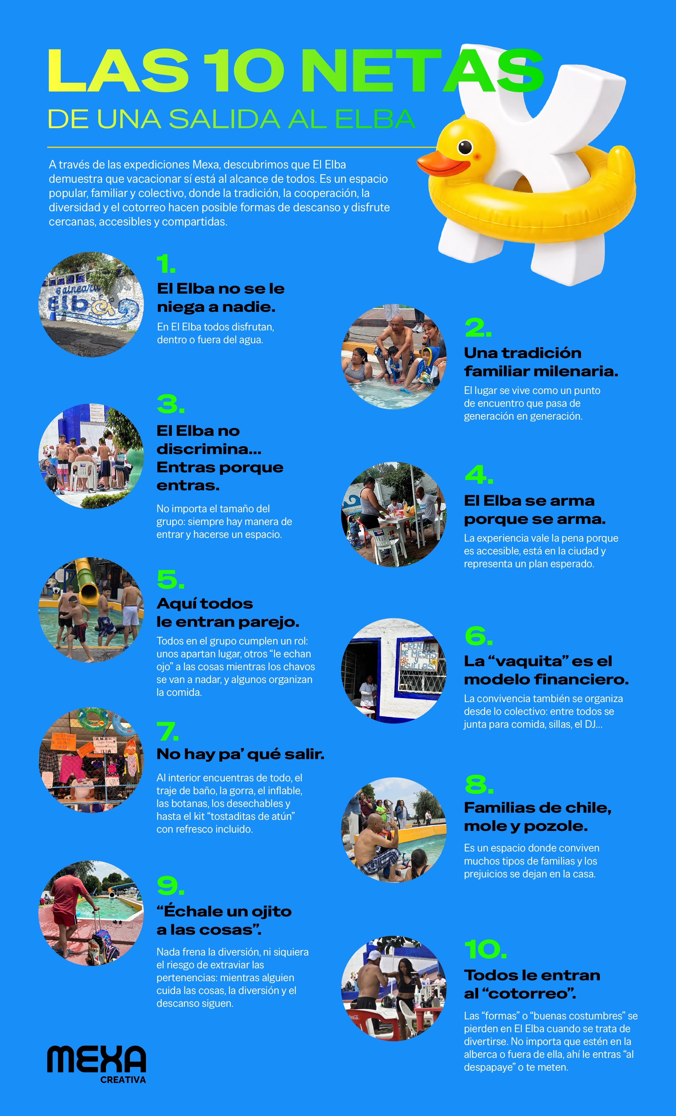 Infografía - Las 10 netas de una salida al Elba. No se le niega a nadie, tradición familiar, no discrimina, se arma porque se arma, todos le entran, vaquita como modelo financiero, todo en uno, diversidad de familias, comunidad y colaboración.